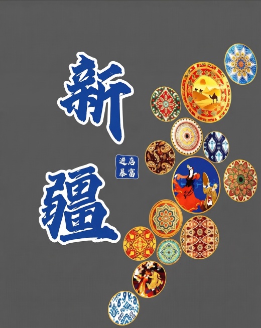 生成和参考图布局一致的墙面装饰平面图，左侧是蓝色的立体书法字“新疆”带白色描边，旁边有蓝色小方块写着“进店暴富”，右侧是多个带有新疆民族花纹和图案的圆形挂盘装饰，整体是平整的平面图风格，深灰色墙面背景预览效果