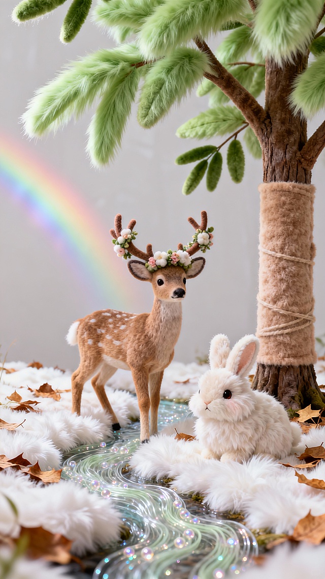 毛绒质感的森林仙境，树干包裹着浅棕色短绒，树叶是嫩绿色长毛绒，地面铺满蓬松的白色毛绒“落叶”，小溪是流动的透明毛绒（带珠光质感），小鹿的角缠绕着毛绒花环，兔子的绒毛蓬松厚实，眼神呆萌，背景有淡淡的彩虹光晕，低饱和度色调，柔和阴影，3D立体毛绒质感，超写实细节