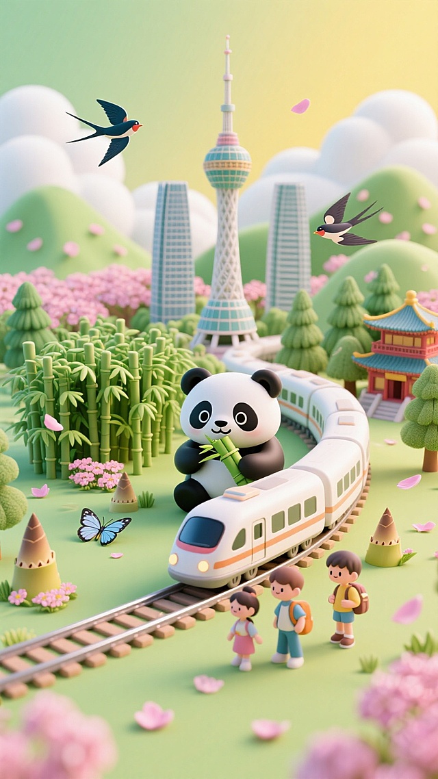 中心构图，主视觉聚拢，环绕卷曲的火车；(成都地标建筑的微缩创意构图：大熊猫吃竹子、天府熊猫塔、松林、树丛、双子塔、寺庙、树林、竹子、竹笋、旅行的男生女生元素、云山花海、小燕子、蝴蝶)形成完整的主视觉画面，画面中飘散粉色花瓣，细节精美，绿色白色黄色渐变的背景