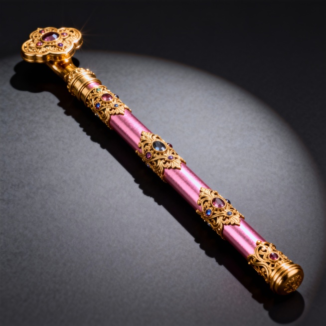 如意金箍棒，世界复古杰作，Penko Gelev的风格，镀金如意金箍棒，整体粉色金色金属色，金属高光，如意金箍棒棍身雕花用纯金打造，雕饰有贵族专属的宝石镶嵌图案，华丽精致，精工制作，细节丰富，深灰色底预览效果