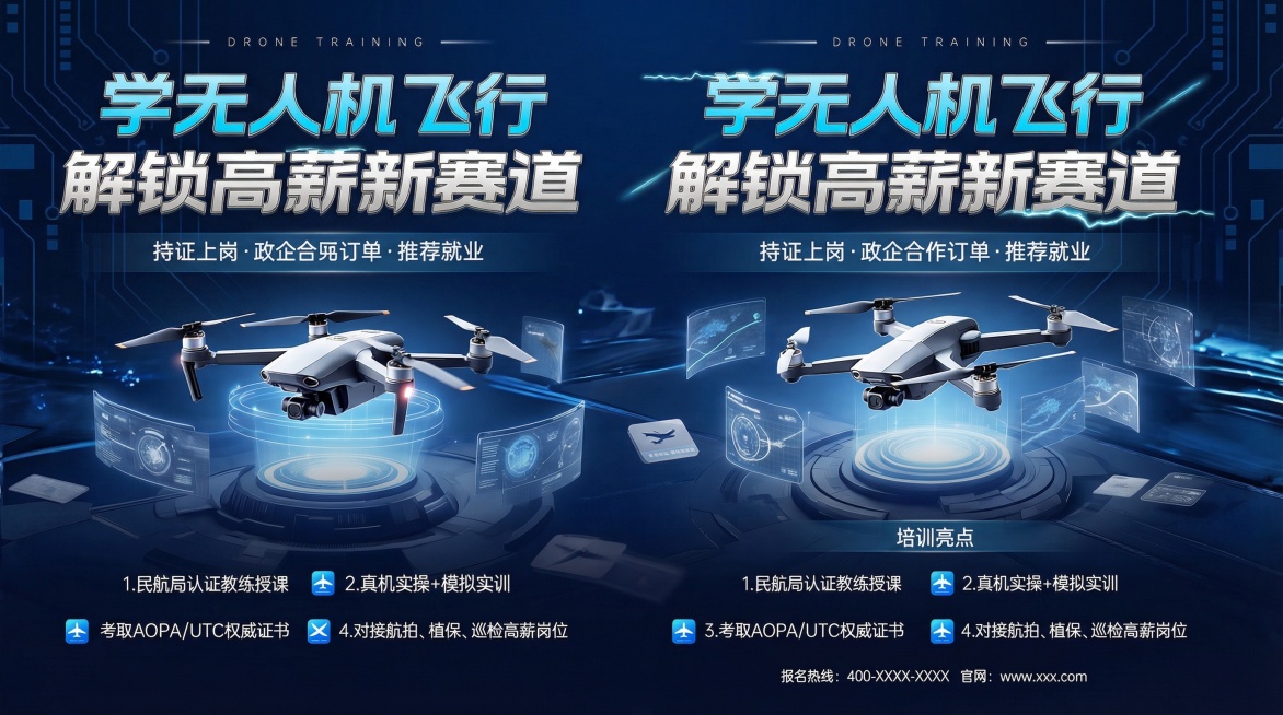 背景不能是黑色或灰色，要以蓝色科技为主，画面中的无人机要有视觉感，目前的画面视觉感太差预览效果