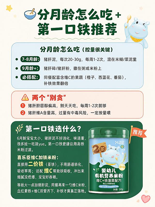 小红书科普种草图文内页，母婴科普风，温馨可爱版式，小红书笔记种草质感。配色体系：深绿色+浅天蓝色+米白色+橙红色点缀，与喜乐臣米粉包装一致。顶部标题：「🥣 分月龄怎么吃 + 第一口铁推荐」，深绿色粗体大字，居中。标题下方一条细浅绿波浪线。画面顶部右侧有一只举着勺子的浅蓝色卡通小河马。上半部分「分月龄吃法」：浅天蓝色圆角框，标题「分月龄怎么吃（控量很关键）」，深绿色粗体，三条带月龄标签：「7-8月龄：猪肝泥，每次20-30g，每周1-2次，混在米糊/菜泥里」「9月龄+：猪肝碎/猪肝粉，撒在粥或米粉上」「必搭配：同餐配富含维C的果蔬（橙子、西蓝花、番茄），补铁效果翻倍」，每条前深绿色小圆点。底部两个别贪提醒：浅橙红色圆角框，标题「⚠️ 两个'别贪'」，红色粗体，两条：「① 猪肝胆固醇偏高，别天天吃，每周1-2次就够」「② 猪肝维A含量高，过量有中毒风险，一定按量喂」。下半部分产品软植入区：深绿色圆角大框，白色标题「🌾 第一口铁选什么？」，白色内容：「6月龄宝宝太小，猪肝泥不好消化、味道重，很多娃一吃就yue。第一口铁更建议用高铁米粉过渡。」「喜乐臣维C加铁米粉：直接用二价铁（亚铁），不用肠道转化，吸收率高；还配维C帮助铁吸收，冲出来细腻没疙瘩，宝宝好吞咽。」「等娃大一点加猪肝泥，同餐再来一勺维C米粉，血红素铁+维C双管齐下，补铁才算真正落地。」。框内右下角放一个喜乐臣维C加铁米粉罐图案，旁边有一个小小的「推荐」小旗子。「二价铁」「维C」用浅黄色加粗突出。背景：纯净米白色，左上角小星星，右下角小爱心，极淡点缀。整体科普+种草自然融合，温馨专业。画质：高清细腻，文字完整处于安全区内不可裁切，四周留充足安全边距。画面比例3:4，4K。
