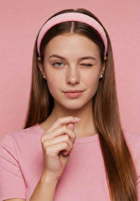 替换模特脸部为一张自然的美国年轻女性的脸，保持原发型、粉色发箍、粉色衣服、粉色背景和手部姿势不变，整体风格统一自然，光影一致预览效果