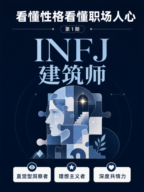 小红书MBTI性格分析笔记封面图，主题为看懂性格看懂职场人心 第1期：INFJ建筑师。深蓝色简约专业知识风背景，中心是几何化拼图设计表现INFJ性格符号，整体3:4竖版比例适配小红书。顶部大标题文字"预览效果