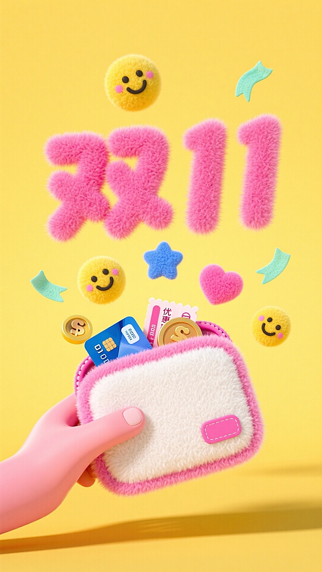 一个白色毛绒质感的钱包是摊开朝着镜头的，包边为粉色。一只粉红色的手从左侧下方伸出，拿着钱包，小包内露出银行卡、优惠券、金币和爱心。钱包四周向心状悬浮着很多个元素：“双11”粉红色毛绒的艺术字紧挨着卡包，散落着3个黄色笑脸、2个粉色爱心和2个蓝色星星，3个浅绿色短飘带，突显个性化与潮流风格。黄色背景，营造出充满活力与现代感的视觉氛围。构图层次分明，色彩对比强烈，传达出轻松、年轻、时尚的生活方式与消费理念。