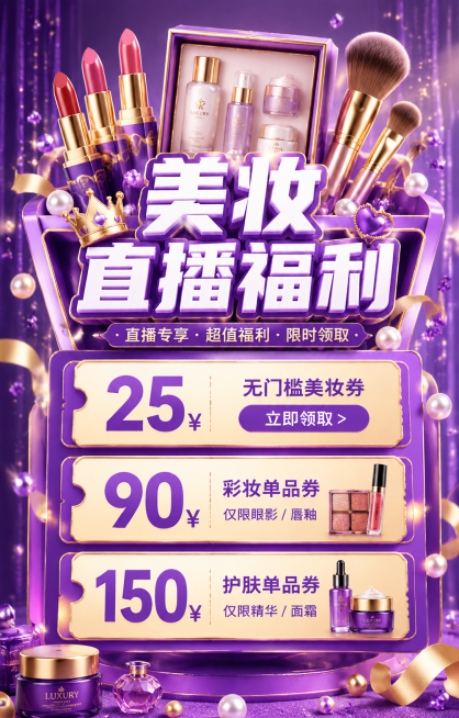 左标签美妆直播福利：紫底美妆礼盒异形造型，顶部装饰 3D 口红堆 (紫底金边)、护肤套盒、金色化妆刷，强化美妆福利氛围；大字“美妆直播福利”用白紫 BOLD 立体字；下方分三层券模块：第一层 “25¥预览效果