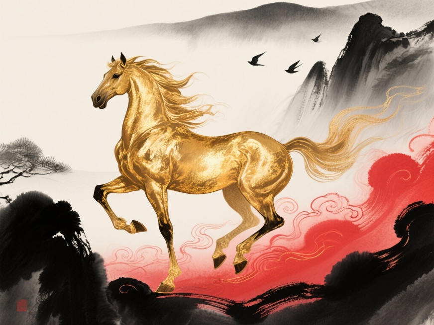 中国风水墨风格插画，画面中央是一匹鎏金骏马，马身呈现金色渐变效果，鬃毛和尾巴飘逸，马蹄踏祥云，背景是淡墨色的山水意境，远处有朦胧的山峦和飞鸟，整体色调以墨黑、鎏金、渐变红为主，充满传统韵味与新年喜庆氛预览效果