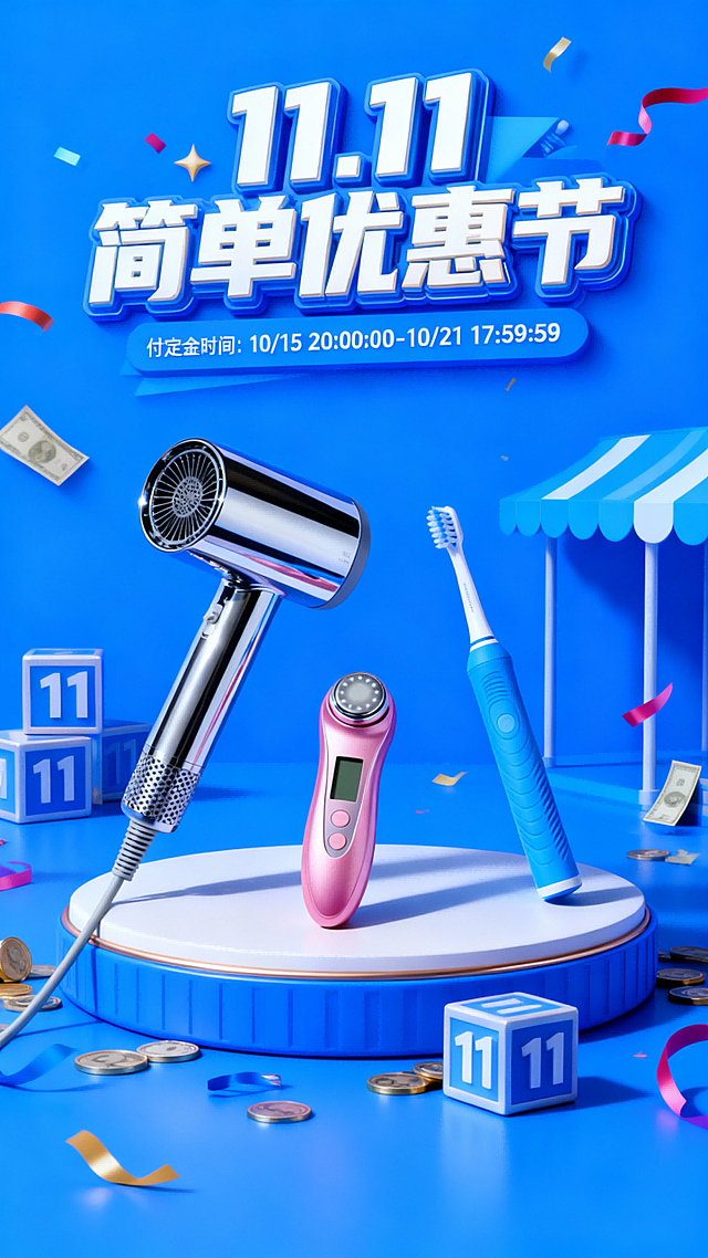 背景为蓝色主色调，营造热烈的促销氛围，将图中主体放到展台上，点缀钱币、彩带等元素，搭配带有“11”字样的方块、蓝色棚架等装饰，3D艺术字主标题“11.11 简单优惠节”，标注付定金时间“10/15 20:00:00 - 10/21 17:59:59”，整体呈现出电商大促的热闹、精致 3D 效果。