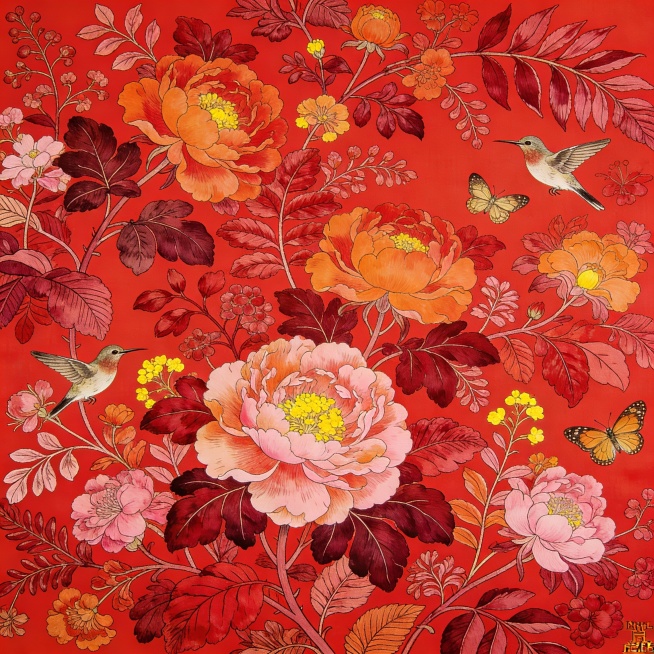 繁复精致的爱马仕丝巾纹样，以红色为主色调，红色底，画面丰富的花草，叶子，勾勒出繁茂生态。等序排列，画面饱满，深浅不一的红色系色少量橙色粉色营造层次感，黄色点缀，主视觉大牡丹分布错落，蜂鸟，蝴蝶点缀，增预览效果