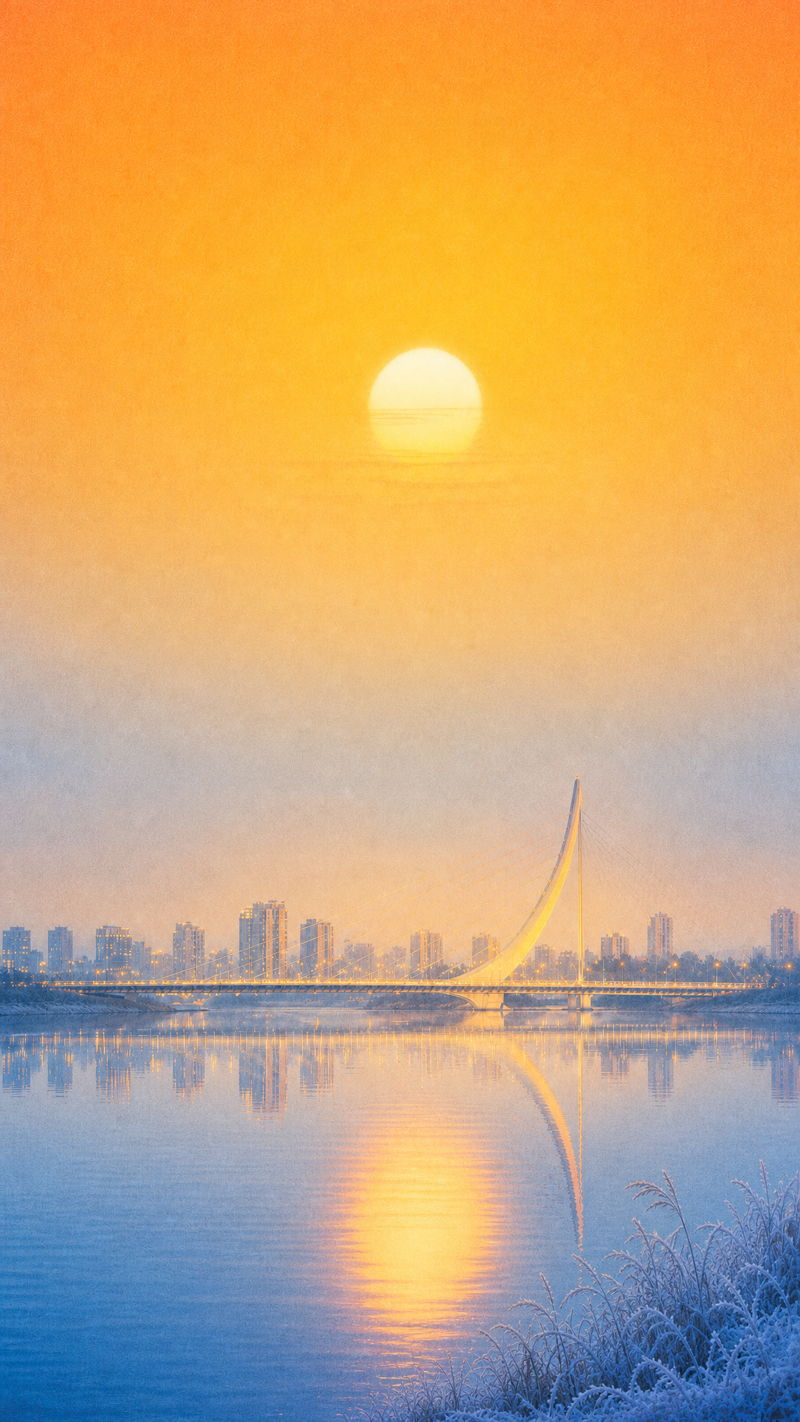 参照参考图的色调分布：画面顶部是暖橙色的夕阳天空，一轮明亮的圆… - 图片创意预览