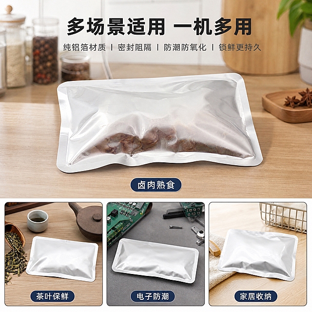 [主图-4] 真实使用场景，展示纯铝箔真空袋包装卤肉等高温食品的实际效果，以及茶叶、电子元件、家居用品等多用途场景，画面真实自然。
[统一基调] 1688 B端源头工业风，高级简约，背景为真实厨房台面+浅木色质感，主色银灰+深灰，标题字深灰黑体加粗，辅助字中灰，强调色藏蓝，字体为无衬线黑体，卡片用细描边半透明灰底。
[画面] 画面采用宫格布局，上方主图：一只封装好卤肉的纯铝箔真空袋放在厨房台面上，袋内隐约可见卤肉形状，展示食物包装效果，袋子外观颜色形状与原图一致；下方三个小图分别展示：包装茶叶的铝箔袋、包装电子元件的铝箔袋、包装家居小物件的铝箔袋；所有铝箔袋均保持原图的银白色、圆角端头、真实铝箔纹理，不变形不改色。
[光影质感] 真实生活摄影质感，自然室内光线，产品与场景融合自然，无悬浮感，铝箔表面有环境光反射。
[配色] 银灰铝箔袋+暖调厨房场景+深灰文字+藏蓝强调，温暖真实感。
[文字版式] 顶部主标题「多场景适用 一机多用」黑体加粗；四个画面下方分别标注「卤肉熟食」「茶叶保鲜」「电子防潮」「家居收纳」小字标签。
[输出要求] 比例1:1，2048x2048，场景真实，产品清晰不变形，文字清晰；负向：产品变形、颜色偏差、圆角改变、场景虚假、悬浮、穿模、错字、模糊。