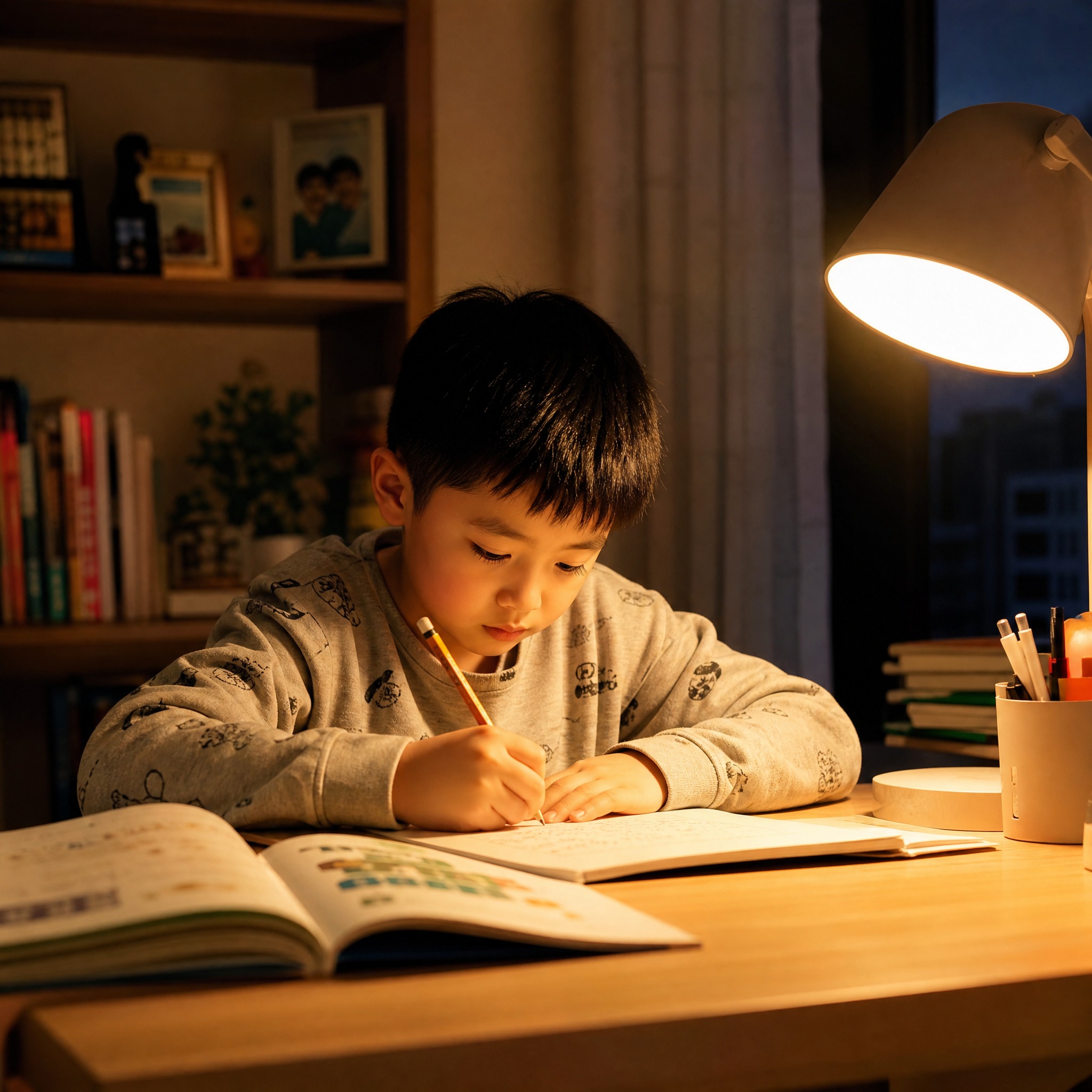 一个小孩子在台灯下写字的照片，孩子低头专注地握着铅笔在作业本上… - 图片创意预览