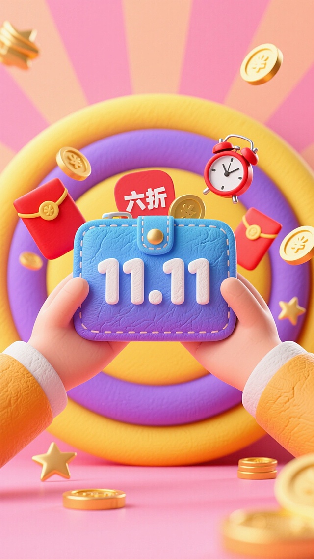 主体是从左右俩侧伸出两只肉色的手托起蓝色渐变的粘土钱包。钱包上面有白色立体“11.11”字样。钱包周围向心状环绕着很多元素：一个红包；很多红色底白色“六折”字样的价标，很多金币，一个红白配色的闹钟，很多金色星星元素。整体构图对称且富有层次，色彩以黄、橙、紫、粉为主，明亮活泼，传达出轻松愉悦的购物狂欢主题。背景是明亮的粉色放射状平面，没有其他物品和平台。