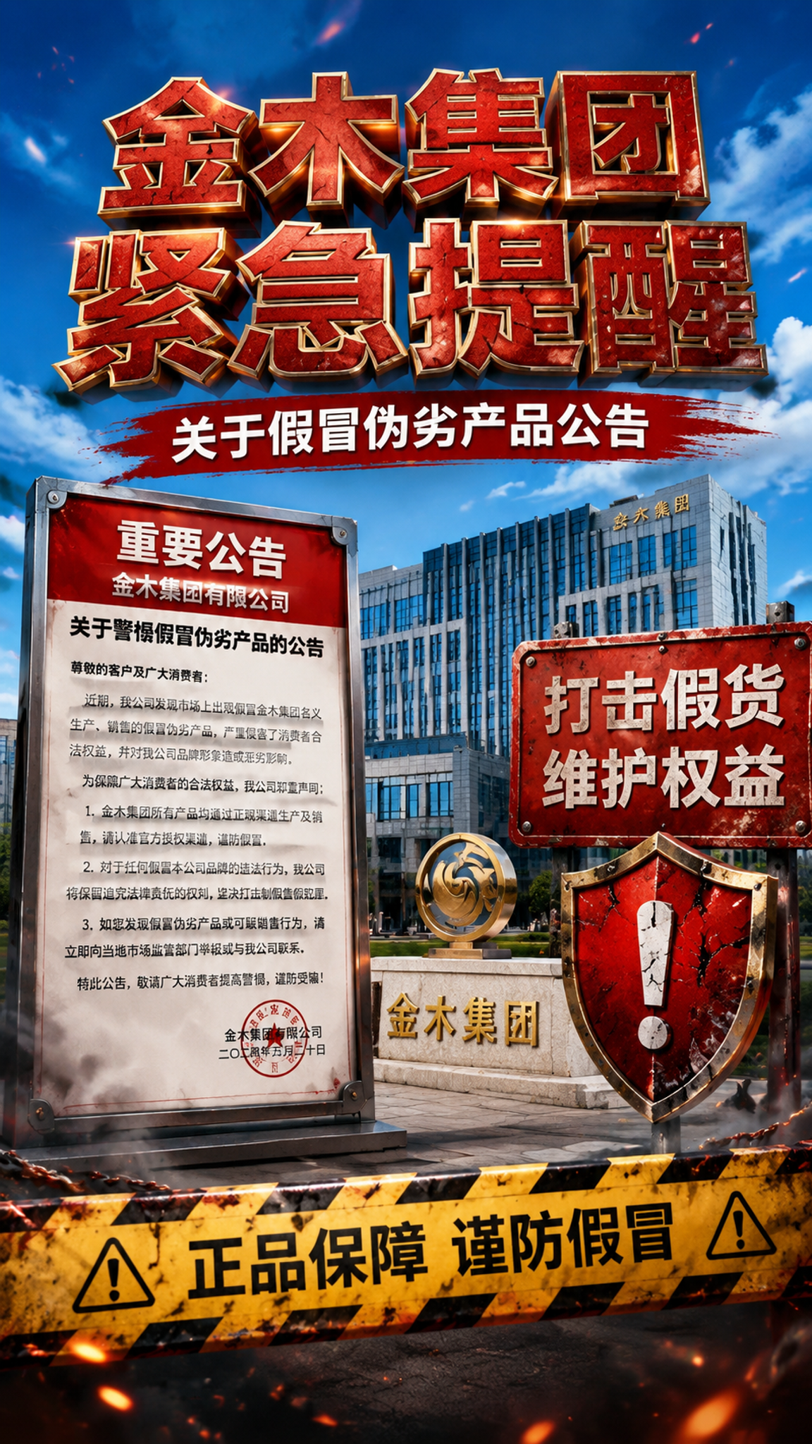 超写实商业宣传海报，金木集团打假紧急公告主题，宏大企业外景，晴… - 图片创意预览