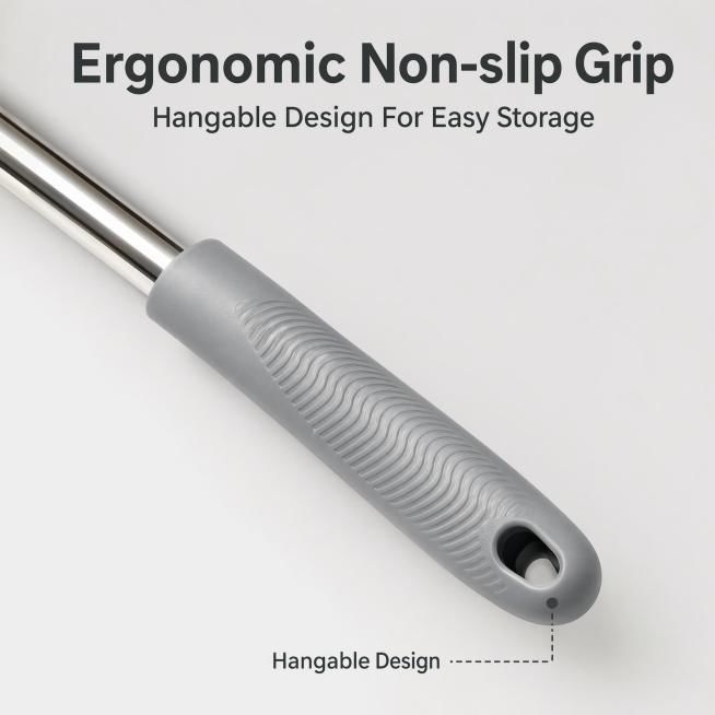 [主图-4] 硅胶扫把 ergonomic 手柄细节特写图。氛围风格：专业细节展示，干净高级。画质：商业摄影质感、光线柔和通透、产品清晰真实、画面干净高级。元素：保持硅胶扫把手柄与原产品一致，放大展示预览效果
