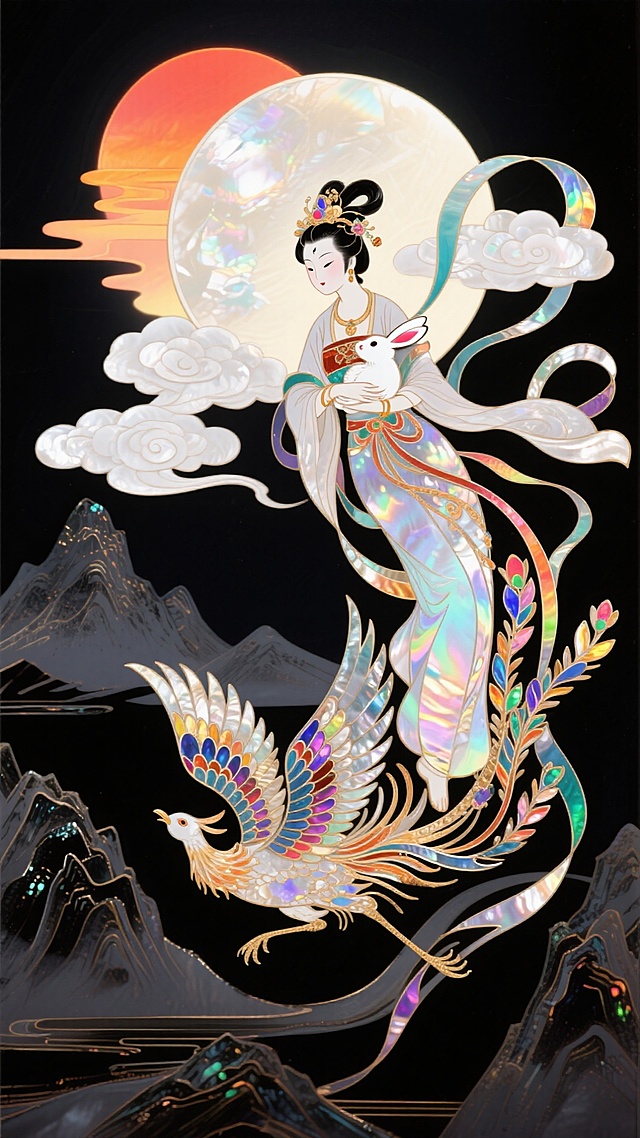 嫦娥怀抱玉兔脚踩凤凰奔向一轮圆月，衣摆飘逸。周围环绕着祥云，背景落日山脉，黑色底色，非常规的动态构图，非凡姿态