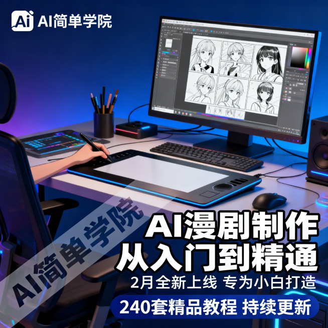 电商主图，科技感深蓝色渐变背景，画面中心是AI生成的精致动漫风格漫剧制作工作台场景，有手绘板、电脑屏幕显示漫剧分镜，左上角放置清晰的AI简单学院文字和Logo，底层添加微透明斜向的AI简单学院防盗水印预览效果