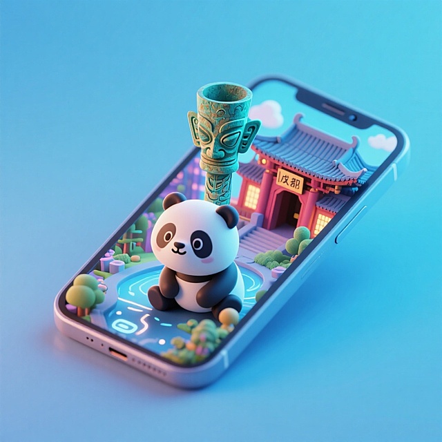 一个手机创意微缩场景，手机平放，侧面对着观众，手机俯视角度，立体的成都景观从屏幕内出来，有熊猫，三星堆，武侯祠，整体色调立体魔幻。青色背景。具有梦幻感,打光营造出柔和氛围强调梦幻和未来感的美学。