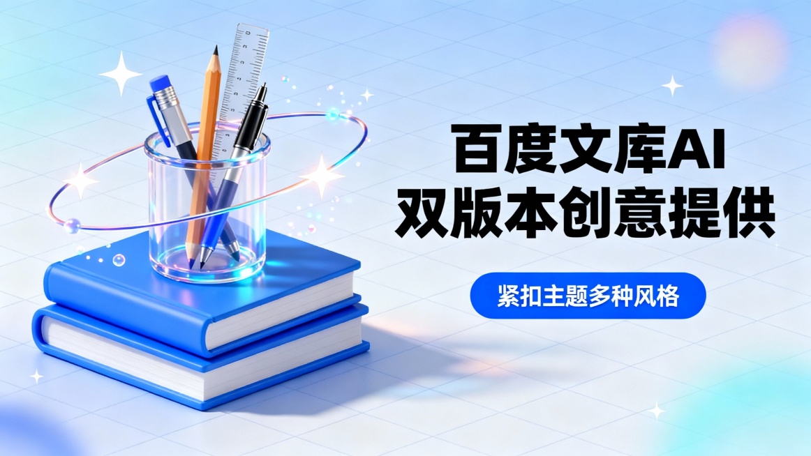 该广告图采用横版构图，整体为现代科技感的3D扁平化插画风格。画面左侧为一组立体视觉元素：两本叠加的蓝色书籍托起一个透明笔筒，内含铅笔、钢笔、尺子等文具，周围环绕动态轨道与发光粒子，象征创意工具与智能生预览效果