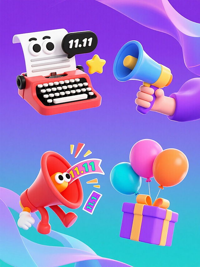 软3D风格的卡通场景，拟人化打字机与喇叭传递双11喜讯，充气感气球与礼物盒营造节日氛围，色彩明亮，趣味十足，充满促销活力。