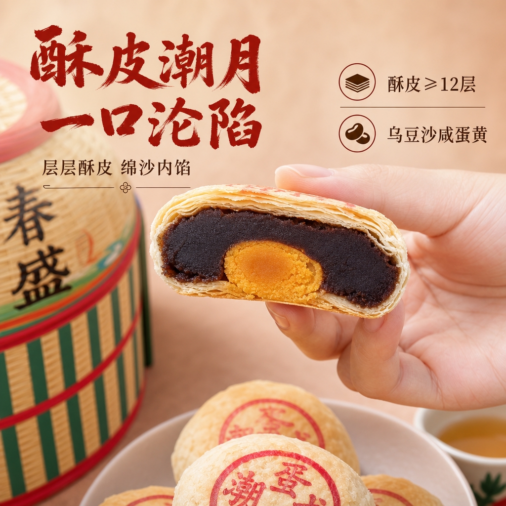 [主图-3] 潮式月饼细节食欲图，展示酥皮层次与内馅质感。 [… - 图片创意预览
