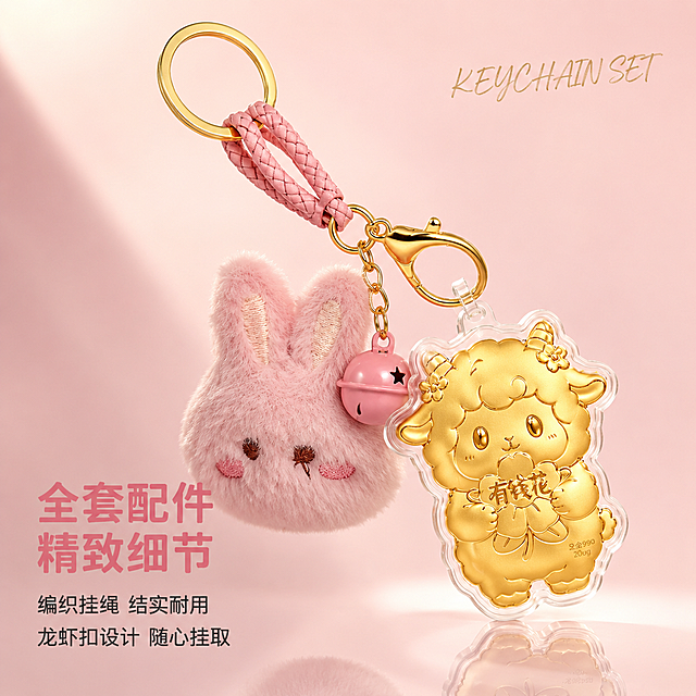 [主图-3] 足金有钱花小羊钥匙扣挂件细节展示图
[氛围风格] 轻奢精致治愈风，粉金暖调，完整套装细节展示
[画质] 商业摄影质感、光线柔和通透、各部件细节清晰、画面干净高级
[元素] 画面展示钥匙挂件完整套装的侧面与配件细节：金色钥匙圈、粉色编织挂绳、金色龙虾扣、透明亚克力足金小羊吊坠、粉色毛绒兔挂件、粉色小铃铛，各部件连接关系清晰可见，龙虾扣开合结构展示清楚。产品斜向悬挂，呈现立体层次。背景为浅粉色渐变柔光背景，底部有柔和倒影。**保持各部件外观、材质、颜色与输入产品图一致，杜绝变形色差，编织绳纹理清晰，毛绒兔蓬松柔软，金属件光泽细腻**。商品整体占比约60%。
[光影] 左上主光+右侧辅光，金属件有柔和高光条，毛绒部分有自然绒面光泽，亚克力通透有边缘光；整体光比舒适，层次丰富。
[配色] 主色樱花粉+香槟金；辅色奶油白+透明色。
[视角构图] 45度斜侧视角，产品从左上向右下悬挂，左下与右上留白，景深中等，背景虚化。
[文字版式] 左下负空间左对齐，三行文案。主标题"全套配件 精致细节"，粉色粗体大字；辅助文案两行"编织挂绳 结实耐用""龙虾扣设计 随心挂取"，深灰色中号；右上角英文装饰"KEYCHAIN SET"，浅金色手写体。文字全部在负空间，不遮挡产品主体。
[输出要求] 1:1比例，文字清晰锐利，超高清商业摄影质感。
[负向提示词] 变形，文字错乱，产品模糊，背景杂乱，水印，电商平台Logo，多余的手。