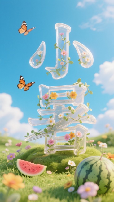 中央是字体设计“小暑”，立体透明大字，字体内部填充鲜花和少量藤蔓，蓝天白云背景，蝴蝶，底部是草地和鲜花、西瓜，近景虚焦预览效果