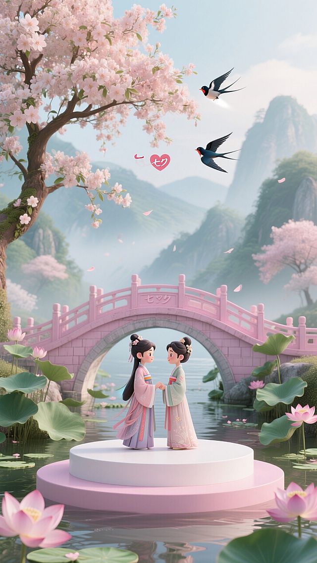 背景是朦胧山水风，背景有盛开的幸福花树、2只喜鹊、桥下有荷叶荷花 ，一对身着古装的卡通情侣在粉色拱桥上对视牵手，最前面有粉白色展台，甜蜜浪漫的七夕氛围