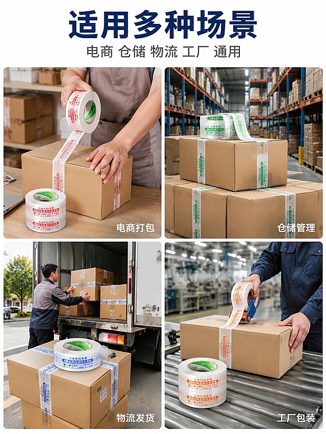 [第3屏] 使用场景适配-封箱胶带多场景应用拼图。本屏使用【图1】胶带产品融入各场景中。
[氛围/风格] 真实场景感，生活化商业摄影。
[元素布局] 画面分为四个场景区块呈田字格布局：左上电商快递打包场景（纸箱+胶带+人手操作），右上仓库仓储堆货场景，左下物流发货场景，右下工厂生产包装场景。每个场景中都有本产品胶带在使用，保持胶带外观颜色与输入图一致。
[光影质感] 每个场景独立布光，整体色调统一偏暖，真实自然。
[配色色系] 全局底色 #FFFFFF 白色分隔线；场景色以暖灰、木色、纸箱棕色为主。
[视角构图] 四宫格拼图布局，每格一个独立场景，阅读动线左上→右上→左下→右下。
[文字版式] 顶部居中主标题「适用多种场景」加粗深蓝色大号字；副标题「电商 仓储 物流 工厂 通用」灰色中号字。每个场景右下角配白色小字标签：「电商打包」「仓储管理」「物流发货」「工厂包装」。文字不遮挡主要产品。
[比例分辨率] 3:4 竖版比例，4K 分辨率，文字清晰可辨，高清画质。
[负向提示词] 变形，水印，文字错乱，文字过小，缺件错件，结构错误，颜色偏差，产品图模糊，背景杂乱。