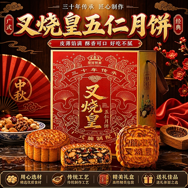 [单张主图] 叉烧皇五仁月饼礼盒电商主图，爆款促销感路线，第三版裂变，顶部大标题+中心产品放大版式，产品主体更大更居中。

[画面主体] 画面正中央放大放置叉烧皇五仁月饼礼盒（红色金纹包装，与输入产品图完全一致，皇冠世家Logo、叉烧皇大字、五仁月饼、仙鹤纹样、三十年传承横幅全部原样保留），礼盒正面朝向观众，占画面约45%，比第一版明显更大；礼盒前方呈扇形摆放3块月饼：左侧1块完整圆形月饼、中间1块切开的五仁月饼截面（馅料饱满特写）、右侧1块完整方形月饼（脆皮叉烧皇压纹），月饼组合占画面约25%，整体产品视觉冲击力强。

[构图版式] 顶部大标题型版式变体，顶部25%放超大标题组，中部60%放大产品主体，底部15%放卖点图标条，产品居中放大更突出。

[场景元素] 背景为深棕色木纹质感，上方有暖黄色聚光灯光晕打在产品上；画面左右两侧对称摆放中式元素：左侧红折扇+青花瓷盘装坚果，右侧红梅花枝+红绸布+木质月饼模具；月饼下方是深色大理石台面，有产品倒影；背景上方有祥云纹样和"中秋"字样的金色印章装饰。

[文案版式] 顶部最上方："三十年传承 匠心制作"，白色宋体小字，居中；下方超大主标题："叉烧皇五仁月饼"，金色立体书法字，带红色外描边，字号巨大非常醒目，居中；主标题两侧各一个红色印章：左"广式"右"经典"；主标题下方红底金边横条："皮薄馅满 酥香可口 好吃不腻"，白色字；底部通栏：4个图标从左到右排列——用心选材（坚果图标）/ 传统工艺（月饼模具图标）/ 精美礼盒（礼盒图标）/ 送礼佳品（礼带图标），每个图标配文字说明，金色字深底。

[光影质感] 顶部聚光灯效果，产品受光均匀明亮，月饼表面有诱人的油润光泽，切开的截面馅料颗粒清晰可见、油亮多汁；礼盒金色花纹有金属质感反光；整体暖色调，光影层次丰富，产品立体感强；底部有真实的台面倒影和接触阴影。

[配色字体] 主色：深红、金色、深棕木纹色；辅助色：米白、暖黄、墨绿（梅花叶点缀）。主标题粗厚书法体，卖点黑体，字号对比强烈。

[比例分辨率] 1:1正方形，2K分辨率，文字清晰锐利。

[负向提示词] 禁止变形、禁止错字糊字、禁止水印、禁止平台Logo、禁止主体过小、禁止背景杂乱、禁止月饼外观与输入图不一致、禁止礼盒包装图案错误、禁止悬浮、禁止低清晰度、禁止人物出现。