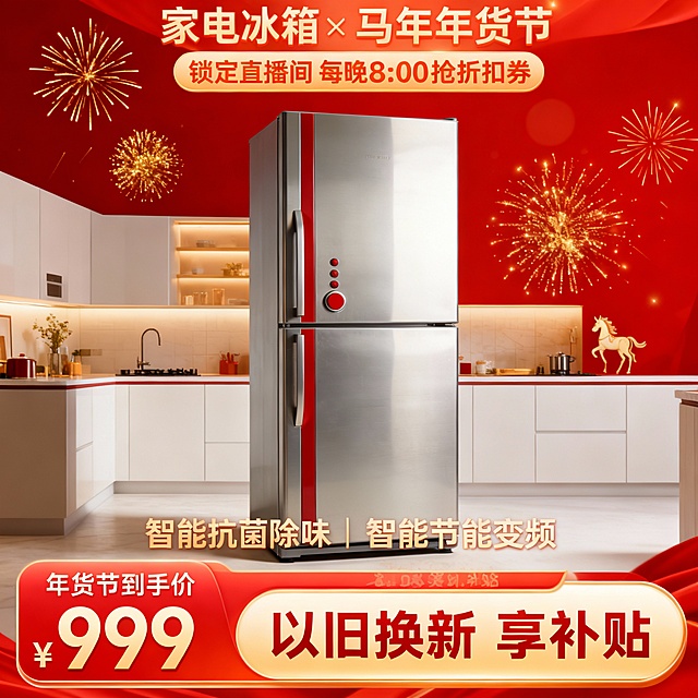 电商马年年货节家电促销主图，主体置于现代简约厨房场景中，背景点缀金色烟花光效与小马图腾，营造喜庆年味。
顶部：“家电冰箱× 马年年货节”，搭配橙色直播提示：“锁定直播间 每晚8:00抢折扣券”
中间卖点：“智能抗菌除味 | 智能节能变频”
底部：红金渐变价格栏“年货节到手价 ¥999”，促销信息“以旧换新 享补贴”