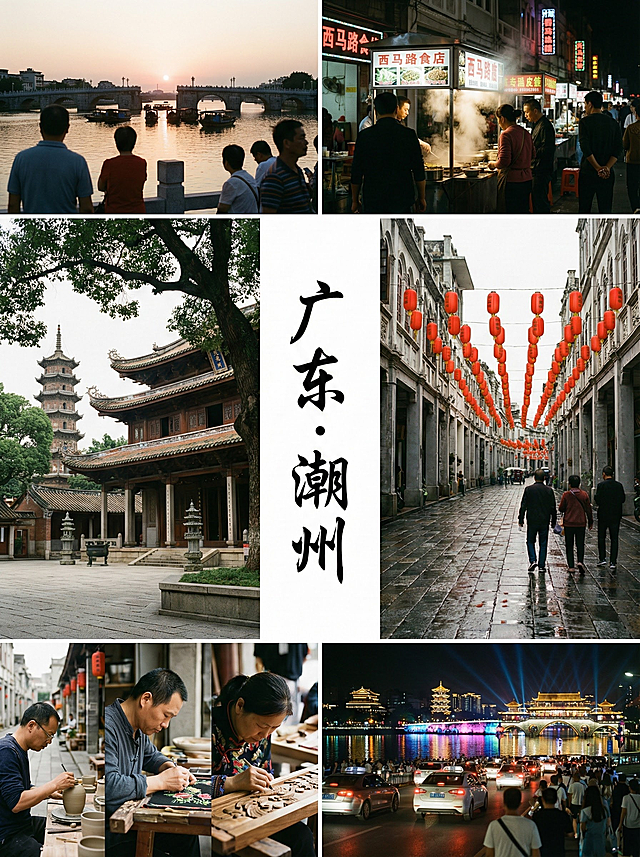 你的任务
帮我制作几份由地区特色景象结合出来的风景宣传照片，并在图片中心用文字标上主要地点（只要一个），宣传照片由当地景色的2张或者4张或者6张或者9张照片结合而成
#备注
要求图片写实，使用香蕉2.0，图片比例3:4，且不要出现任何人的正面照。
#备注
在标记地点时，只需要有地点就行，比如：
江苏·同里——江南古镇慢节奏
就只需要在拼图中间有：江苏·同里就行

#具体地点
需要阅读以下文章来提取

年前反向穷游王炸清单！5个冷门宝藏城，人均700玩3天，避峰还过瘾🔥
 
12月反向穷游天花板来啦！避开热门地人挤人，5座小众低消费城市，人均700元内承包2-3天高品质行程，自然秘境、人文古村、暖冬滨海全覆盖，附超细节省钱攻略，学生党、打工人闭眼冲～
 
一、云南普洱：茶香里的暖冬秘境
 
- 必体验清单：①太阳河森林公园和小熊猫贴贴🐼 ②那柯里古村泡免费温泉♨️ ③梅子湖步道看晨雾漫山
- 核心亮点：12月均温18-22℃，无旺季喧嚣，茶山层叠如绿浪，古村保留原生态傣家风情，路边茶摊10元喝到地道普洱，治愈感拉满。
- 成本参考：住宿60-90元/晚（古村民宿，部分含免费茶歇），餐饮25-40元/餐（傣味凉拌、普洱烤鸡性价比超高），太阳河森林公园学生票40元，其他景点多免费。
- 省钱攻略：普洱市区乘公交到那柯里（5元/人），比打车省40元；住古村民宿可蹭免费采茶体验，买茶叶直接找茶农，比门店便宜一半；自带空瓶，民宿多提供免费山泉水。
 
二、广东潮州：烟火气拉满的美食古城
 
- 必体验清单：①广济桥看“过河拆桥”奇观🌉 ②西马路吃遍10元内小吃（牛肉丸、蚝烙、鸭母捻） ③开元寺感受千年禅意
- 核心亮点：12月气候温润15-20℃，避开暑假人流，古城骑楼藏着百种地道小吃，广济桥夜景流光溢彩，老巷子里的手作店超好逛，性价比碾压热门旅游城。
- 成本参考：住宿70-110元/晚（古城内民宿，步行可达核心景点），餐饮30-50元/餐（人均50元能吃撑小吃街），广济桥门票20元（学生半价），其他景点免费。
- 省钱攻略：古城内步行+共享单车（5元/天），无需打车；小吃选路边老店，比网红店便宜30%；提前在网上订“古城联票”，比单买省15元。
 
三、广西崇左：山水画里的避世小城
 
- 必体验清单：①明仕田园乘竹筏赏喀斯特峰林🏞️ ②德天跨国瀑布看跨境激流🌊 ③安平仙河逛“水上森林”
- 核心亮点：12月少雨清透，峰林倒映水面如泼墨画，德天瀑布水量充沛不拥挤，小众村落保留壮族吊脚楼原貌，物价仅为桂林1/2。
- 成本参考：住宿80-120元/晚（田园民宿，推窗见景），餐饮35-50元/餐（壮家酸嘢、河鲜超新鲜），明仕田园竹筏学生票60元，德天瀑布学生票75元。
- 省钱攻略：崇左市区乘旅游专线车到景点（15元/人），比包车省80元；拼竹筏（4人一艘），人均省20元；自带零食，景区周边餐饮溢价高。
 
四、江西景德镇：瓷韵满满的文艺小城
 
- 必体验清单：①陶溪川逛文创市集淘手作🏺 ②古窑民俗博览区看制瓷工艺 ③三宝村走青石板路赏瓷窑遗址
- 核心亮点：12月告别旅游旺季，陶溪川市集人少好逛，可免费体验拉坯（部分工作室），老厂区改造的文创园拍照出片，文艺气息拉满，消费亲民。
- 成本参考：住宿65-100元/晚（文创园区民宿，部分含免费茶点），餐饮30-45元/餐（景德镇炒粉、冷粉人均10元管饱），古窑民俗博览区学生票50元，其他景点免费。
- 省钱攻略：市区乘公交可直达各大景点（2元/人）；陶溪川市集傍晚去，部分摊主会降价清货；住文创园区周边，可蹭免费陶艺体验课。
 
五、福建漳州：山海相间的暖冬小城
 
- 必体验清单：①东山岛苏峰山看环岛公路日落🌅 ②南靖土楼逛“客家围龙屋”🏯 ③漳州古城吃四果汤、面线糊
- 核心亮点：12月均温16-21℃，东山岛人少清净，海水湛蓝，土楼避开国庆人流，古城烟火气十足，海鲜人均40元实现自由，性价比超高。
- 成本参考：住宿70-110元/晚（海边或古城民宿），餐饮35-55元/餐，土楼群学生票70元，东山岛无门票（苏峰山免费）。
- 省钱攻略：漳州动车站乘专线车到土楼（20元/人），比打车省60元；东山岛租电动车环岛（25元/天），比包车省50元；菜市场买海鲜找餐馆加工，加工费10-15元/份。
 
出行终极实用提醒
 
1. 提前10天订住宿，选择“连住2晚减50元”“早鸟价”房型，淡季好房也抢手，部分民宿可议价～
2. 带便携保温杯+折叠伞，12月早晚有温差，海边可能遇小雨，喝热水方便还能省买水钱；
3. 优先选公交、共享单车或旅游专线，冷门城市交通便利，人均每天交通费控制在15元内；
4. 学生证、教师资格证带好，多数景点可享半价，部分冷门景点对学生免费；
5. 吃当地菜市场、老街区美食，不仅地道还比景区周边便宜50%，避开网红餐厅溢价。
