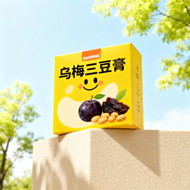 低角度仰视视角，以黄色为主色调的 “乌梅三豆膏” 食品包装盒，印有logo“GAODING”和卡通笑脸、乌梅果干 / 豆子插画；置于浅米色磨砂质感展台上；背景为明亮清新的户外场景，浅蓝色天空嫩绿色树木预览效果