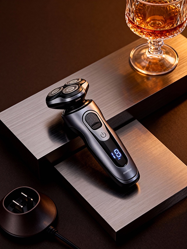 高端商务风产品展示场景，整体配色以深棕、黑金为主的低饱和质感色调，色调沉稳奢华；采用俯视近景摄影视角，中心构图聚焦主体区域；场景包含暗色银色拉丝和长方形几何块面金属的纹理台面、画面右上角有水晶质感酒杯（盛有琥珀色液体）、画面左下角同色系充电底座；主体呈斜置姿态，置于台面中央，在画面中占比约 50%，其金属哑光与数显屏的科技细节，契合商务高端的风格定位；主体融入奢华商务环境，光线为柔和侧光 + 数显冷光，突出产品的精密质感与场景的贵气氛围，摄影风格为高端产品精修实拍，细节锐利，氛围专业雅致。