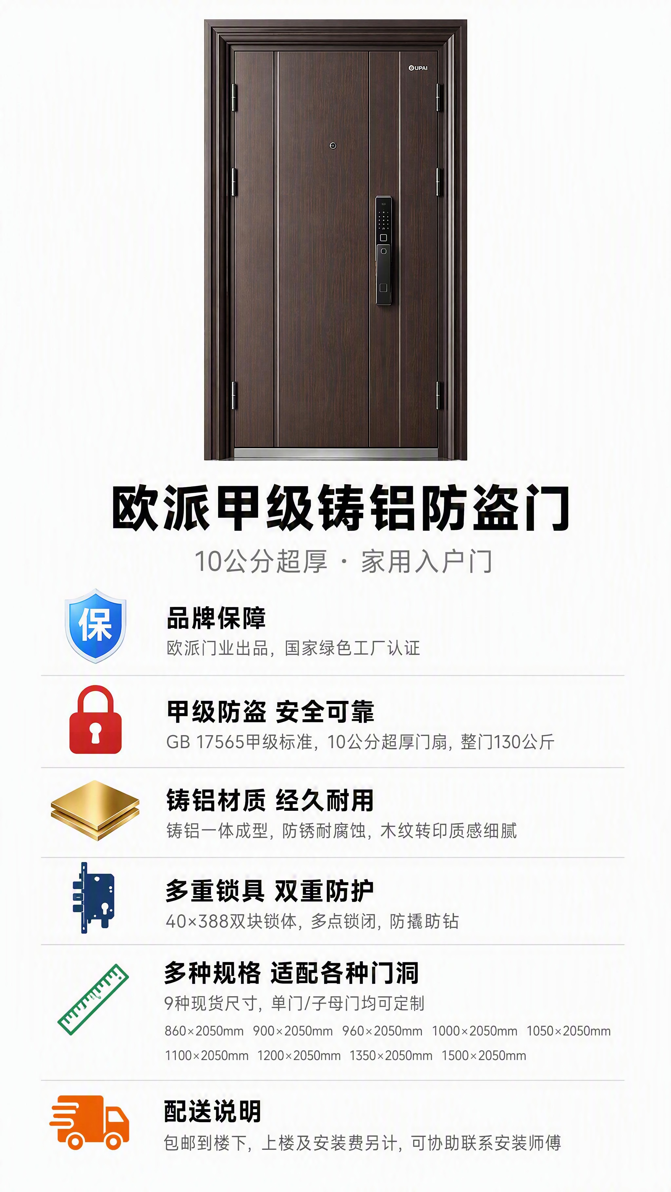 欧派甲级铸铝防盗门商品说明图，竖版简洁风格，白色背景，干净清爽… - 图片创意预览