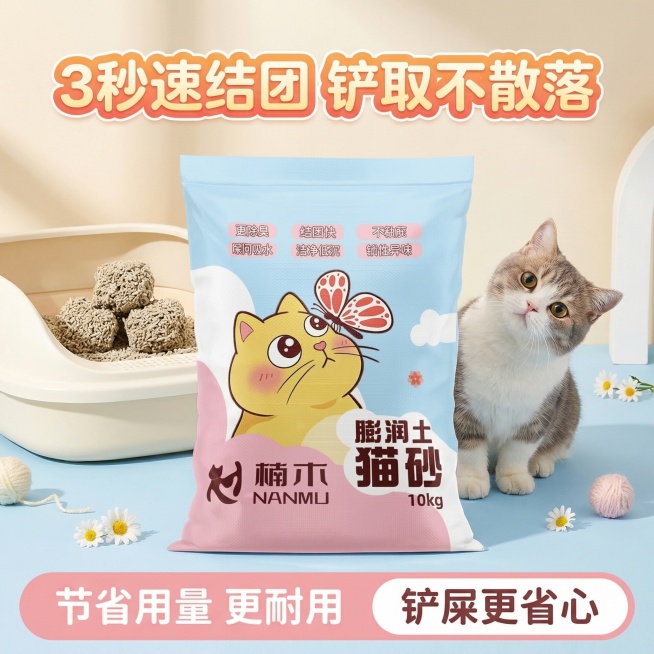 猫砂电商主图，核心目标是在搜索结果页中一眼抓住用户注意力。顶部核心信息区主标题写着“3秒速结团 铲取不散落”，字体圆润可爱，橙黄色渐变字搭配白色描边。中部商品展示区居中完整放置上传的楠木膨润土猫砂产品预览效果