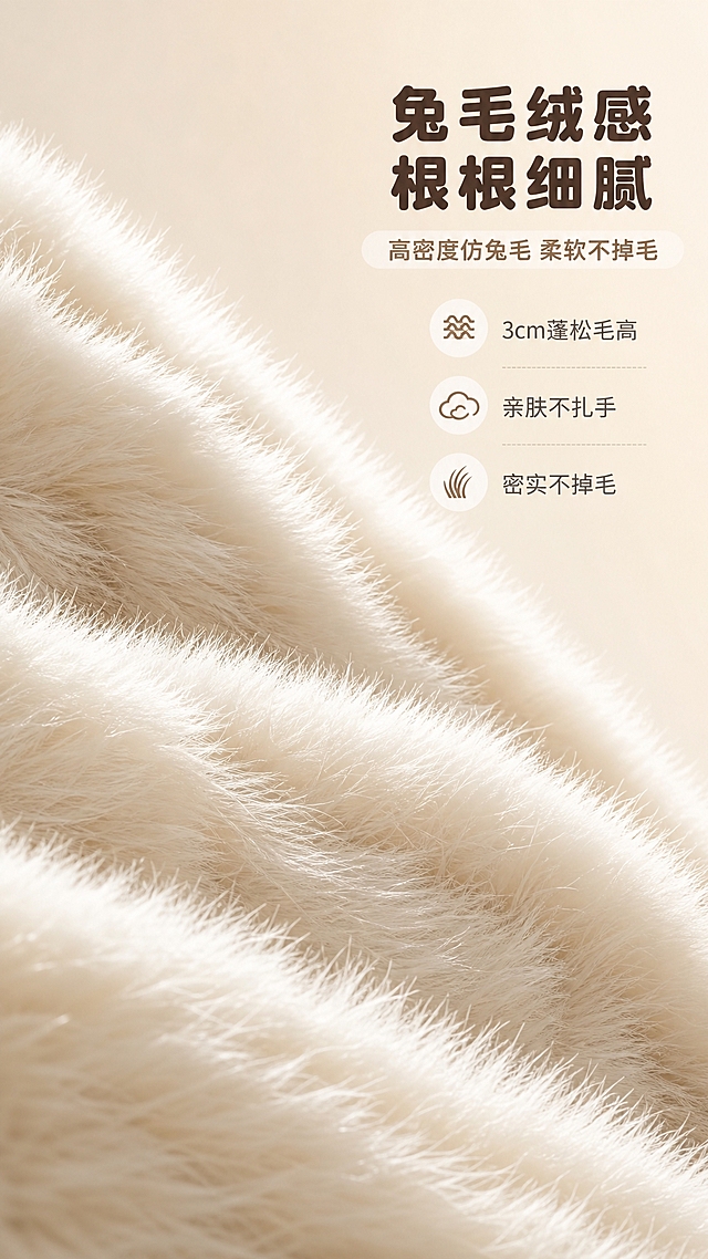 [商品] 使用【图2】兔毛材质微距特写；保留奶白色兔毛的波浪纹肌理、毛峰层次和蓬松厚度；增强毛绒纤维的根根分明质感和光泽感，让材质细节更清晰。
[画面] 材质细节页，目标是微距展示兔毛材质的高级质感。竖版构图，地毯毛绒占据画面主体约70%，呈波浪起伏形态，从左下延伸至右上，毛峰处有通透逆光。背景为纯净浅米色渐变，突出主体。右侧或上方留白放文字。
[视觉] 套系策略：风格=温馨奶油风家居商业摄影；标题字=圆润粗黑体；正文字=简洁圆角无衬线体；主色=奶白米杏；背景延展=基于奶白米杏做深浅层级、同色渐变和细腻织物/墙面质感；强调色=奶茶棕，仅用于小面积图标、引线和标签；标题色=深暖棕；正文色=中暖灰；组件=圆角浅底信息卡、细曲线引线、软圆点装饰；光影=侧上方暖调柔光，毛绒边缘有通透逆光轮廓，明暗层次丰富。
[文字] 右上区域主标题"兔毛绒感 根根细腻"，副标题"高密度仿兔毛 柔软不掉毛"，下方3个短卖点"3cm蓬松毛高""亲肤不扎手""密实不掉毛"，配小圆点图标。文字横排，不遮挡毛绒核心细节。
[规格] 图片比例9:16竖版，4K，避免变形、错字、文字过小、冷蓝灰调、毛绒稀疏失真、颜色发黄发灰。
