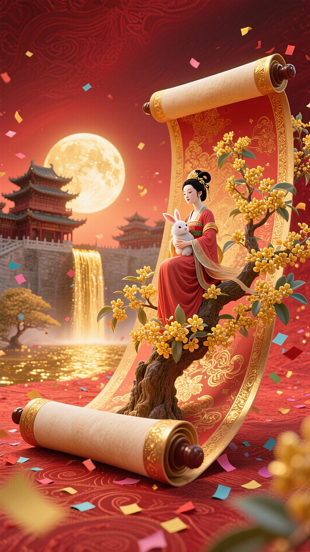 红色为主色调。红色暗纹渐变背景，画面主体是华丽精致的立体卷轴展开的效果，卷轴内是嫦娥抱着兔子坐在桂花树上看着中景，中景是古城宫殿，各种各样的彩纸环绕古城，远景是月光如金色的瀑布从圆月上倾泻到底部的全景大地上，画面带有发光效果，整体画面充斥着华丽的金色和喜庆的红色，奇幻色彩和光影变化，具有丰富的层次感和立体感，体现繁荣昌盛喜庆氛围，梦幻的大透视繁荣的城镇，画面整体喜庆华丽，整体氛围呈现喜庆的暖色调