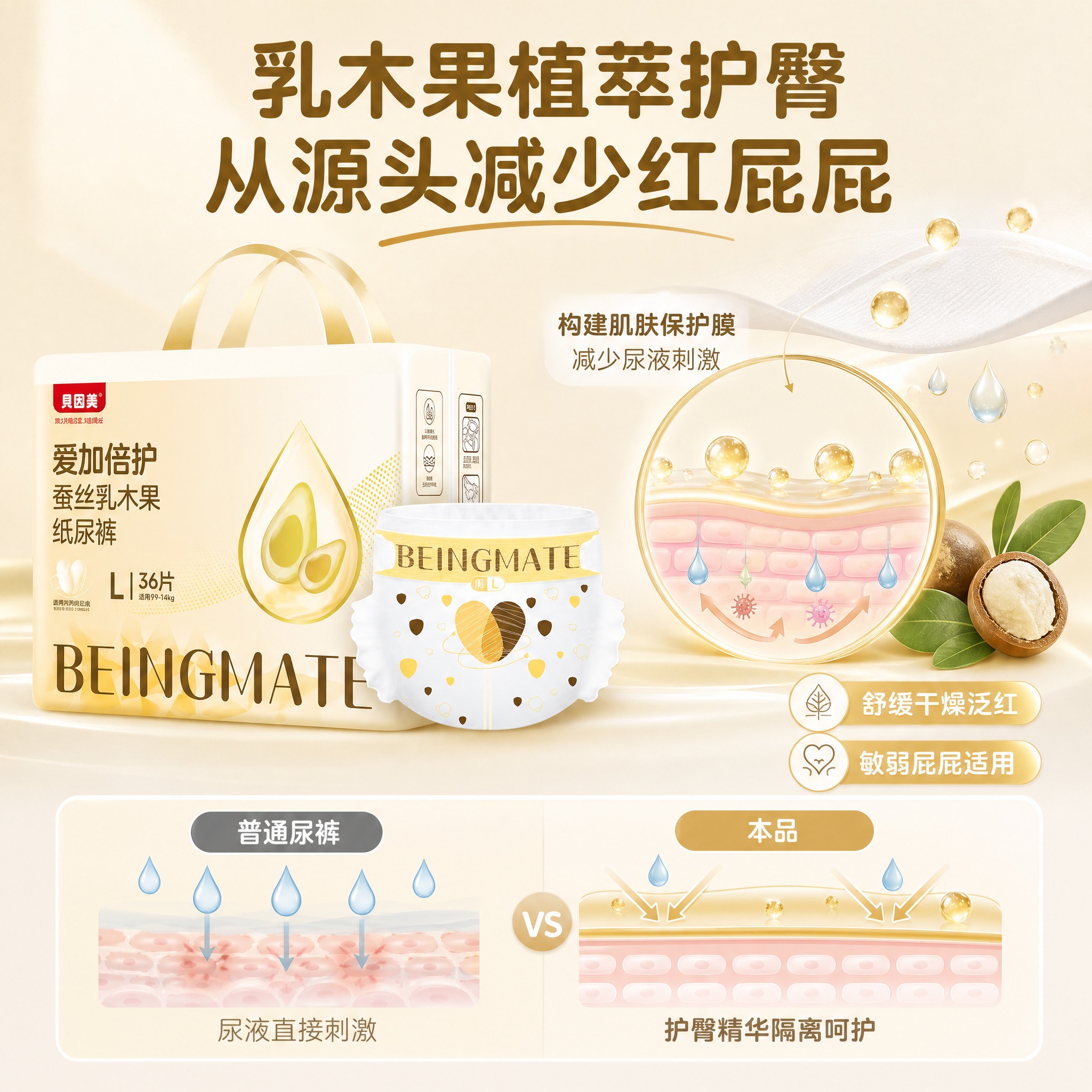 [主图-2] 贝因美爱加倍护蚕丝乳木果纸尿裤L码护臀功效图，主… - 图片创意预览
