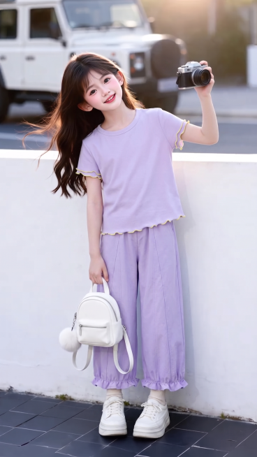用图1的短袖和裤子替换图的2的人物穿的衣服裤子，保留原场景光影，保持图2的人物的五官和发型不变，图片宽高尺寸不变，背景不变，鞋子不变，人物姿势不变，保持图1的短袖和裤子的款式材质不变和颜色不变预览效果