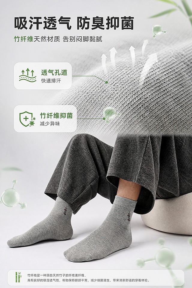 [商品] 使用【图1】浅灰色男士竹纤维中筒袜；保留袜型、浅麻灰色、袜身竖纹肌理、袜侧菱形小标、袜口罗纹、袜跟袜头结构；自然理顺褶皱，增强竹纤维面料细腻纹理质感，不改变版型颜色。
[画面] 页面目标：核心功能卖点页，讲清竹纤维吸汗透气+防臭抑菌原理。构图：上方大区域做面料微距特写+透气气流示意，下方放袜子上脚半身穿戴图；主体占画面约65%，前景面料微距纹理、中景袜子穿戴、后景浅灰渐变+淡绿色透气分子可视化元素。用细线引线从面料处引出透气、抑菌两个核心功能点。
[视觉] 套系策略：风格=国内电商功能型详情页，干净清爽男士通勤商业摄影风；标题字=现代无衬线粗黑体；正文字=简洁无衬线体；主色=浅麻灰+竹青绿；背景延展=基于浅麻灰做深浅层级渐变，叠加细腻竹纤维纹理；强调色=竹青绿，仅用于小面积图标、引线、关键词高亮；标题色=深炭灰；正文色=中暖灰；组件=圆角浅底信息卡、细线引线、透气/抑菌小图标；光影=左前侧柔和自然光，干净通透。
[文字] 顶部主标题「吸汗透气 防臭抑菌」，副标题「竹纤维天然材质 告别闷脚黏腻」；画面中部2个功能点引线标注：① 透气孔道 快速排汗 ② 竹纤维抑菌 减少异味；底部小字补充材质说明；文字全部横向排版，不遮挡袜子主体。
[规格] 图片比例2:3竖版，2K分辨率，medium质量；避免变形、错字、文字过小、冷蓝背景、袜子颜色改变、医疗功效暗示、极限词。
