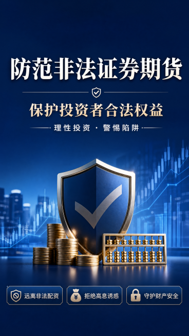 正式公益宣传风格金融海报，写实商业摄影，整体画面简洁庄重专业，主色调深蓝色。主标题文字"防范非法证券期货"，副标题文字"保护投资者合法权益"，装饰文字"理性投资 · 警惕陷阱"，卖点文字"远离非法配资预览效果