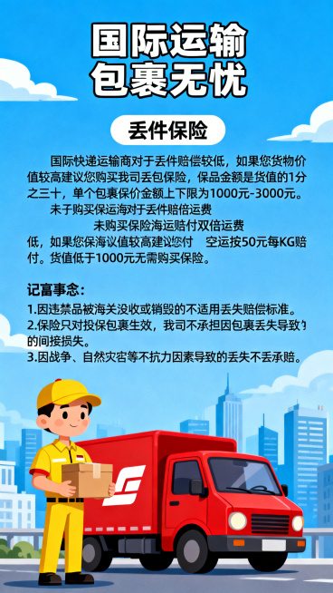 生成和参考风格一致的国际运输丢件保险宣传海报，扁平卡通城市插画风格，蓝色天空背景，含快递员配送、红色快递车元素，文字内容：标题“国际运输 包裹无忧”，副标题“丢件保险”，正文：国际快递运输商对于丢件赔预览效果