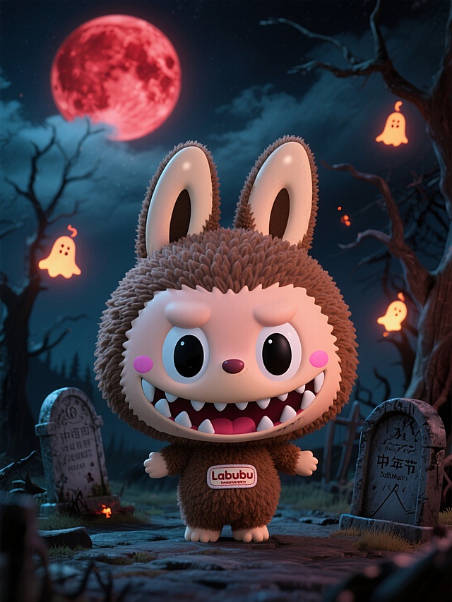 3D卡通风格，拟人化毛茸茸角色，超现实主义场景，可爱又略带恐怖的万圣节氛围。