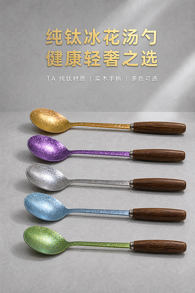 基于上传的金色、紫色、银白、浅蓝、草绿五款纯钛冰花汤勺产品图，生成2:3竖屏高清电商详情首屏海报。哑光质感风、细质轻奢风，主色调金色(#FFD700)、紫色(#9932CC)、银白(#C0C0C0)、浅蓝(#87CEEB)、草绿(#7CCD7C)，辅助色木棕(#8B5A2B)。五款不同阳极氧化配色纯钛汤勺整齐并列横向排开，勺头朝左手柄朝右，摆放于日式浅灰哑光餐台场景，背景同色系浅灰哑光墙面，柔和柔光，凸显冰花金属肌理。严格还原产品图的实木手柄、金属环铆接结构、冰花纹理、颜色色号、勺型比例，产品总长18.5cm，尺寸比例保持1:1，去掉无关背景杂物和手。画面上部居中主标题鎏金烫金质感无衬线极简文字："纯钛冰花汤勺 健康轻奢之选"；主标题下方居中副标题细体留白文字："TA 纯钛材质｜实木手柄｜多色可选"。画面干净高级，整体视觉统一，重点展示产品整体外观，氛围感强。