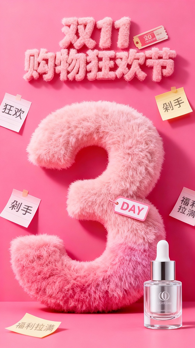 主视觉是粉色渐变毛绒材质的“3” ，“DAY”标签位于数字“3”上，商品位于画面右下角，画面上方为毛绒主标题“双11购物狂欢节”，点缀着优惠券，周围环绕着便利贴，上有“狂欢”“剁手”“福利拉满” 等关键词，背景是高饱和粉色。
