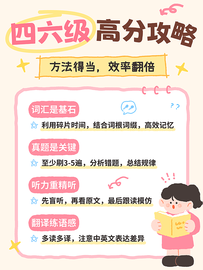 可爱插画风四六级高分攻略指南小红书配图