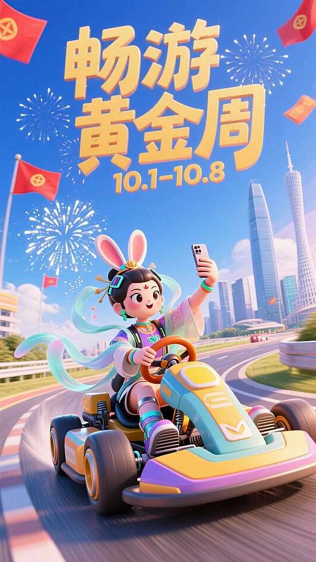 国潮风与软3D结合，卡通少女驾卡丁车穿梭城市，烟花绽放，霓虹点缀，畅游黄金周，喜庆梦幻感十足。