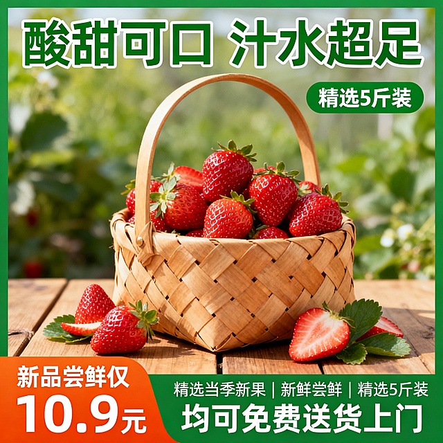 一张水果促销海报，画面主体为一个浅棕色编织纹理的手提篮，篮子里装满了新鲜饱满的[此处插入新水果品类]，旁边散落着几片带绿叶的[新水果品类]切片，整体放置在木质桌面上，背景是模糊的绿色植物营造出自然清新的氛围。主色调根据[新水果品类]的颜色调整，保持明亮鲜活的视觉效果，光影柔和，水果表面有自然的光泽感和细微的纹理细节。海报上方有绿色大号文字“酸甜可口 汁水超足”，右侧绿色标签写着“精选5斤装”，底部左侧是橙色价格标签“新品尝鲜仅 10.9 元”，底部右侧有绿色文字“精选当季新果 | 新鲜尝鲜 | 精选5斤装 均可免费送货上门”，字体选择无衬线体，整体排版清晰，视觉层次分明，信息传达直接高效，符合水果生鲜产品的促销宣传目的，设计风格保持原有的写实摄影质感和商业海报的简洁明了。