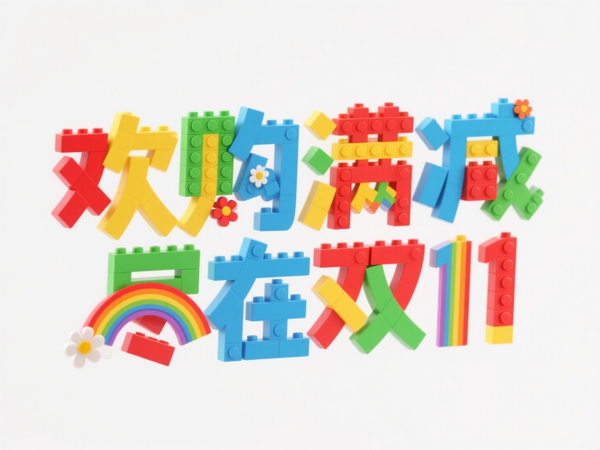 "欢购满减 尽在双11"，乐高积木字体设计，中文艺术字由积木拼接组成，颜色鲜艳丰富（红、黄、蓝、绿），每个字只能有一个颜色，搭配彩虹、小花，背景为白色。高饱和色彩。预览效果